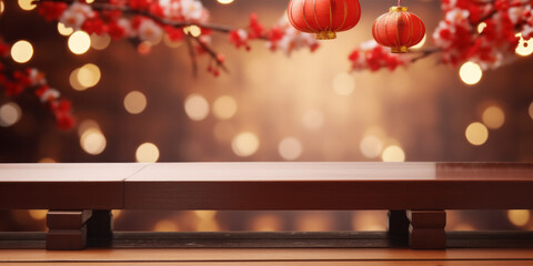 Chinese new year empty wooden table top for product display with oriental background
