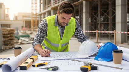 Focused architect reviews detailed blueprints on busy construction site, ensuring precise urban development with essential safety gear