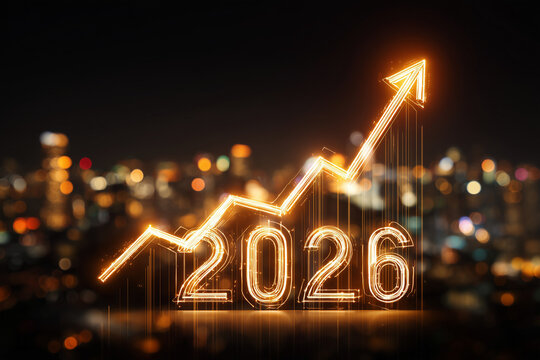 Business Financial Growth Concept with Glowing 2026 Text and Rising Arrow Graph over City Skyline at Night, Success and Economic Recovery Forecast for New Year and Fiscal Planning - Powered by Adobe