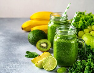 Refreshing green smoothie jars filled with healthy, natural ingredients like kale, kiwi, and avocado, perfect for a detox or a nutritious start to the day