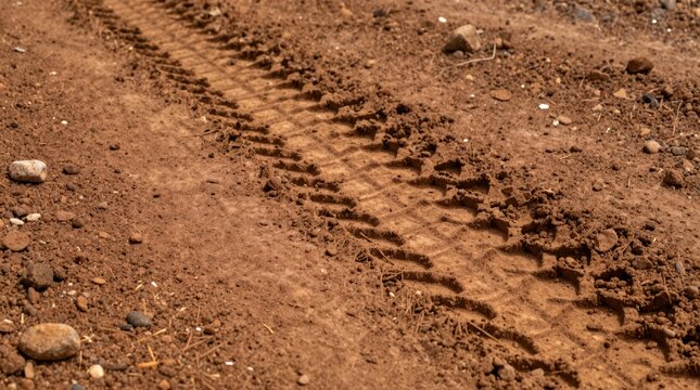 Diagonal tire track trail across reddish dry soil with scattered stones