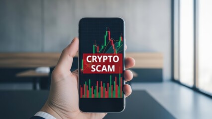 Man's hand holds smartphone displaying crypto scam chart in modern office, highlighting financial vulnerability and potential fraud