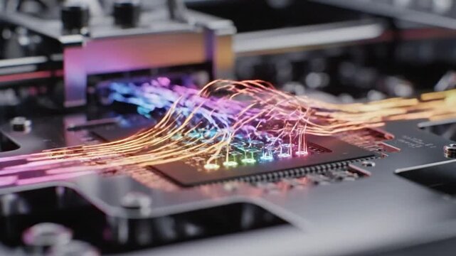 Macro shot of genetic sequencing machine processing colorful data lines with HDR glow and shallow depth of field