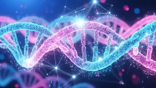 Abstract representation of dna structure with glowing particles and a vibrant color scheme