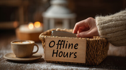 Digital Detox and Tech-Life Balance, cozy hand placing phone into offline hours basket beside warm coffee, reflecting mindful disconnection, emotional recharge and intentional screen rest for peaceful