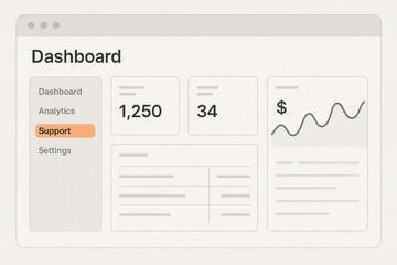 A dashboard layout features support figures, analytics metrics, and settings to monitor user data and performance trends in real time.