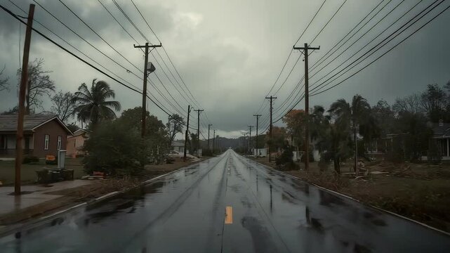 Rain soaked suburban street with empty road reflections power poles and cloudy sky creating quiet moody neighborhood atmosphere after storm