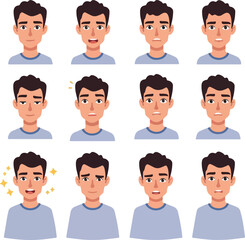 Fototapeta premium Pixel Art Man Faces Diverse Emotions Casual Blue Shirt Isolated