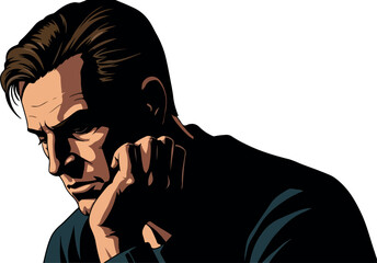 Pixel Art Man Portrait Detailed Face Thinking Pose Dark Casual Outfit Isolated