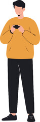 Pixel Art Man Playing Mobile Game in Yellow Hoodie and Black Pants