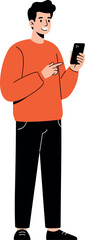 Pixel Art Man Orange Sweater Black Pants Using Mobile Phone
