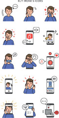 Pixel Art Man Phone Calls Diverse Emotions Pixelated People Icons Simple Blue Shirt White Background