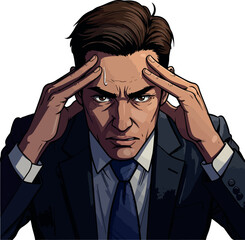Pixel Art Man In Suit Stressed Thinking Hard With Hands On Temples