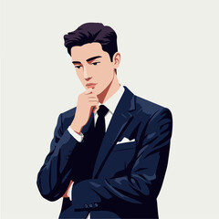 Pixel Art Man In Navy Suit Thinking With White Background