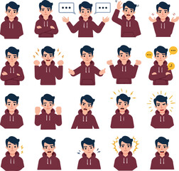 Pixel Art Man Poses Emotions Expressions Red Hoodie Isolated On White