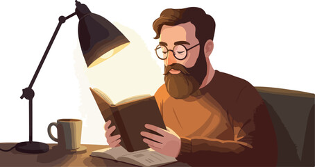 Pixel Art Man Reading Book Under Warm Lamp Light Cozy Atmosphere