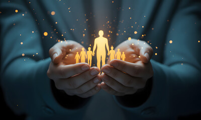 Hands cradling a small glowing cityscape with a person in the center