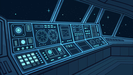 Futuristic spaceship control panel in deep space with stars © VectorAura