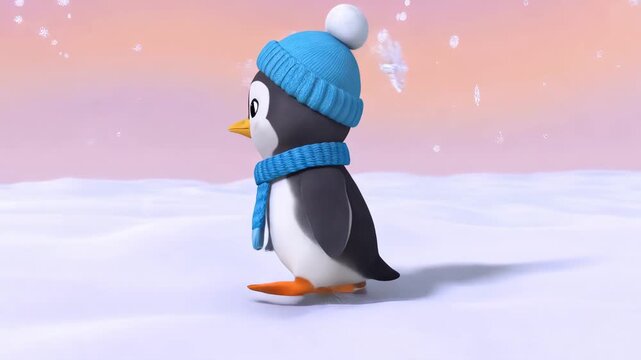 Cute cartoon penguin wearing blue knitted hat and scarf standing on snowy ground against pastel winter background with falling snowflakes. Concept of winter holidays and child friendly animation