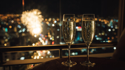 Two Glasses of Sparkling Champagne on Balcony Overlooking City Night Skyline with Fireworks, Luxury Celebration for Romantic Date, New Year Eve, Wedding Anniversary, and Festive Toast