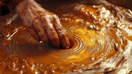 Potter's Hand Shaping Wet Clay on a Spinning Pottery Wheel