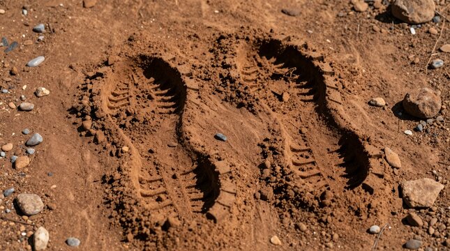 Boot tread imprints in red soil tracing a solitary dusty hiking path