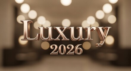 Elegant 'Luxury 2026' text in metallic rose gold against a soft, bokeh-lit background suggesting exclusivity and future aspiration.