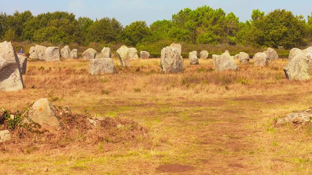 Unesco World Heritage Site - Alignements of Carnac, Historical Landmark In Carnac, France. Pan Right Shot
