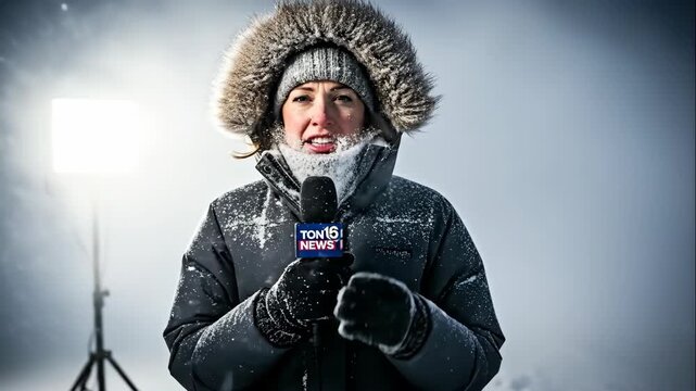 Woman weather reporter struggles to speak into a microphone in cold extreme winter storm news broadcast footage.