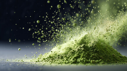 Sunlit falling matcha powder from sieve forming green mist cloud on dark background, natural MOOD lifestyle portrait with shallow depth of field, vibrant editorial composition