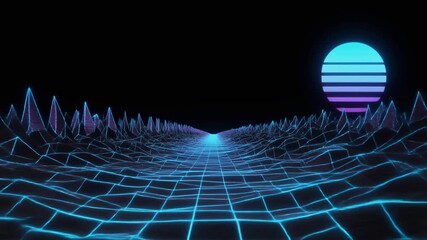 A retro-futuristic digital landscape with a glowing blue grid, wireframe mountains, and a striped neon sun against a dark background. - Powered by Adobe