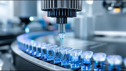 Close-up of an automated machine filling vials with blue liquid on a production line in a laboratory setting.