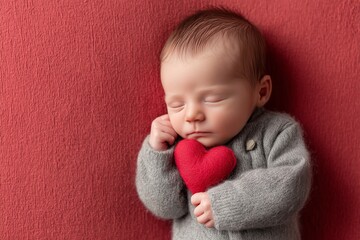 Sleeping baby holding red heart pillow.