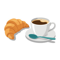 Delicious Croissant And Cup Of Coffee with Spoon On Saucer For Morning Breakfast