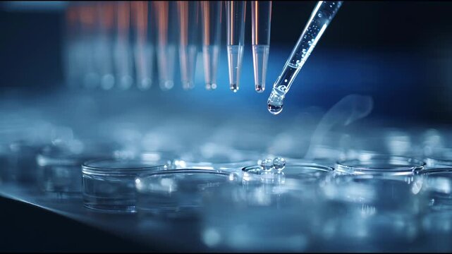 Close-up of a pipette dropping a liquid sample into a microplate in a laboratory setting with a cool, blue tone.