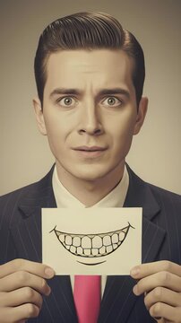 Man in vintage suit removes paper with drawn smile revealing anxious expression beneath. Powerful visual metaphor contrasts fake happiness with genuine worry. For mental health awareness.
