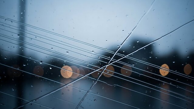 Blurred cityscape through wet windowpane at dusk. - Powered by Adobe