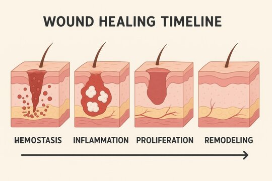 Graphic shows four stages of wound healing process in skin, from hemostasis to remodeling, illustrating changes in skin layers over time.