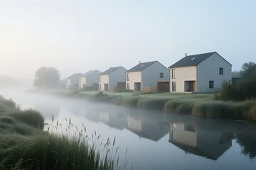 Foggy early morning row of contemporary houses reflected on canal
