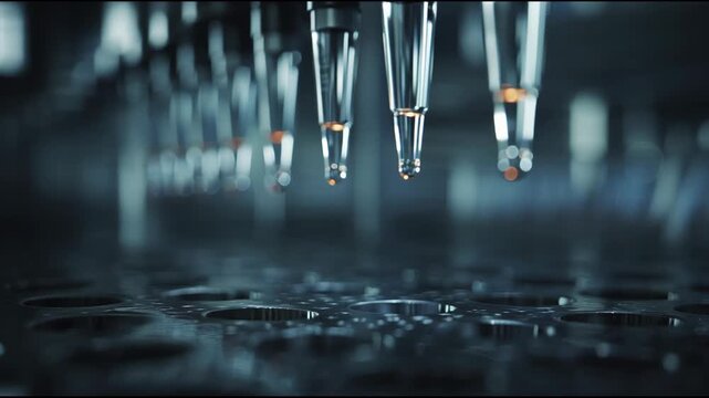 Close-up view of laboratory pipettes dispensing liquids into a microplate in a dark lab with a cool, clinical mood.