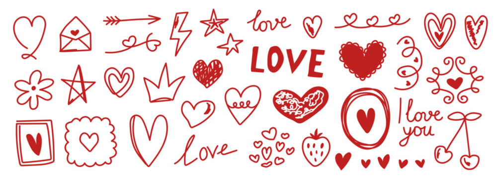 A collection of red hearts and love symbols. Hand-drawn elements for Valentine's Day greeting cards, wedding invitations, date cards, or romantic themed cards.