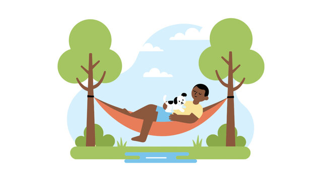 Relaxed person enjoying a peaceful moment reading in a hammock outdoors with a dog.