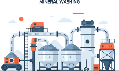 Illustration of a mineral washing industrial processing plant with pipes and silos © charly