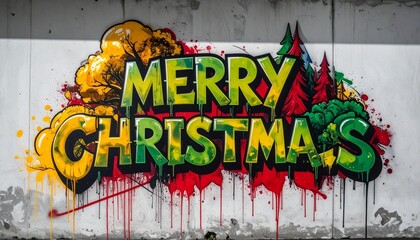 Graffiti-style “MERRY CHRISTMAS” mural with green-red text, stylized trees, yellow-orange clouds, dripping paint.