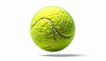 A close-up image of a yellow tennis ball and a professional tennis racket, isolated against a white background.
