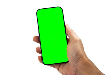 Hand holding smartphone with green screen isolated