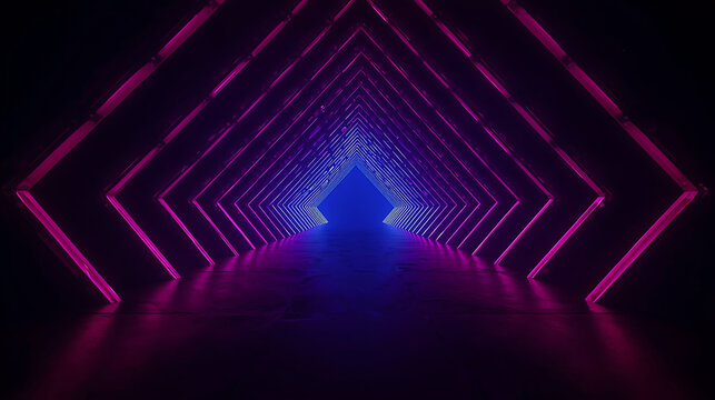 futuristic purple and blue neon lit tunnel with geometric patterns - Powered by Adobe