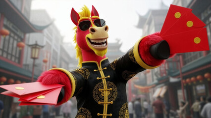 Festive Chinese New Year Horse with Sunglasses Holding Red Envelopes in Traditional Outfit on Lantern Street Background