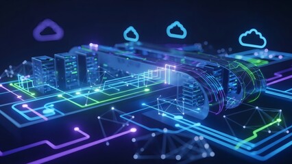 Futuristic abstract digital background with neon light lines, layered 3D geometry, and modern high-tech atmosphere. Ideal for technology, innovation, artificial intelligence, and digital network theme