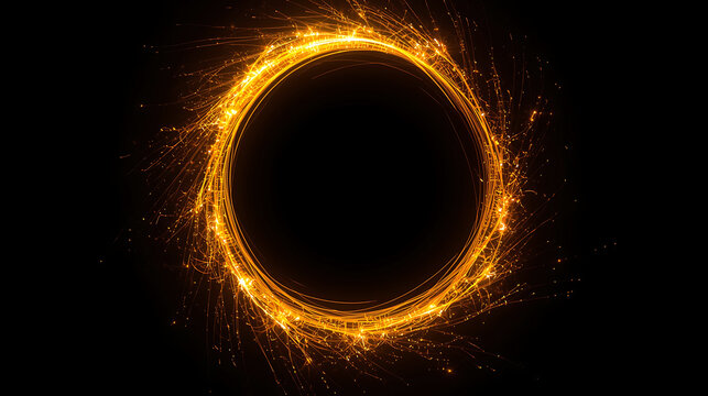 Glowing golden circle with sparks and light trails on black background - Powered by Adobe